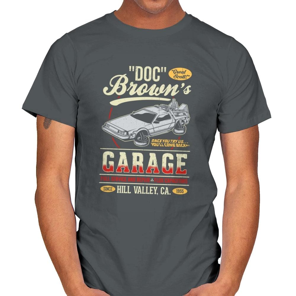 Doc Brown's Garage - Mens T-Shirts RIPT Apparel Small / Charcoal