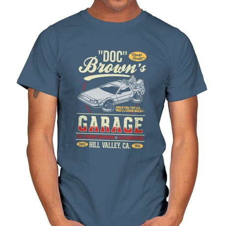 Doc Brown's Garage - Mens T-Shirts RIPT Apparel Small / Indigo Blue