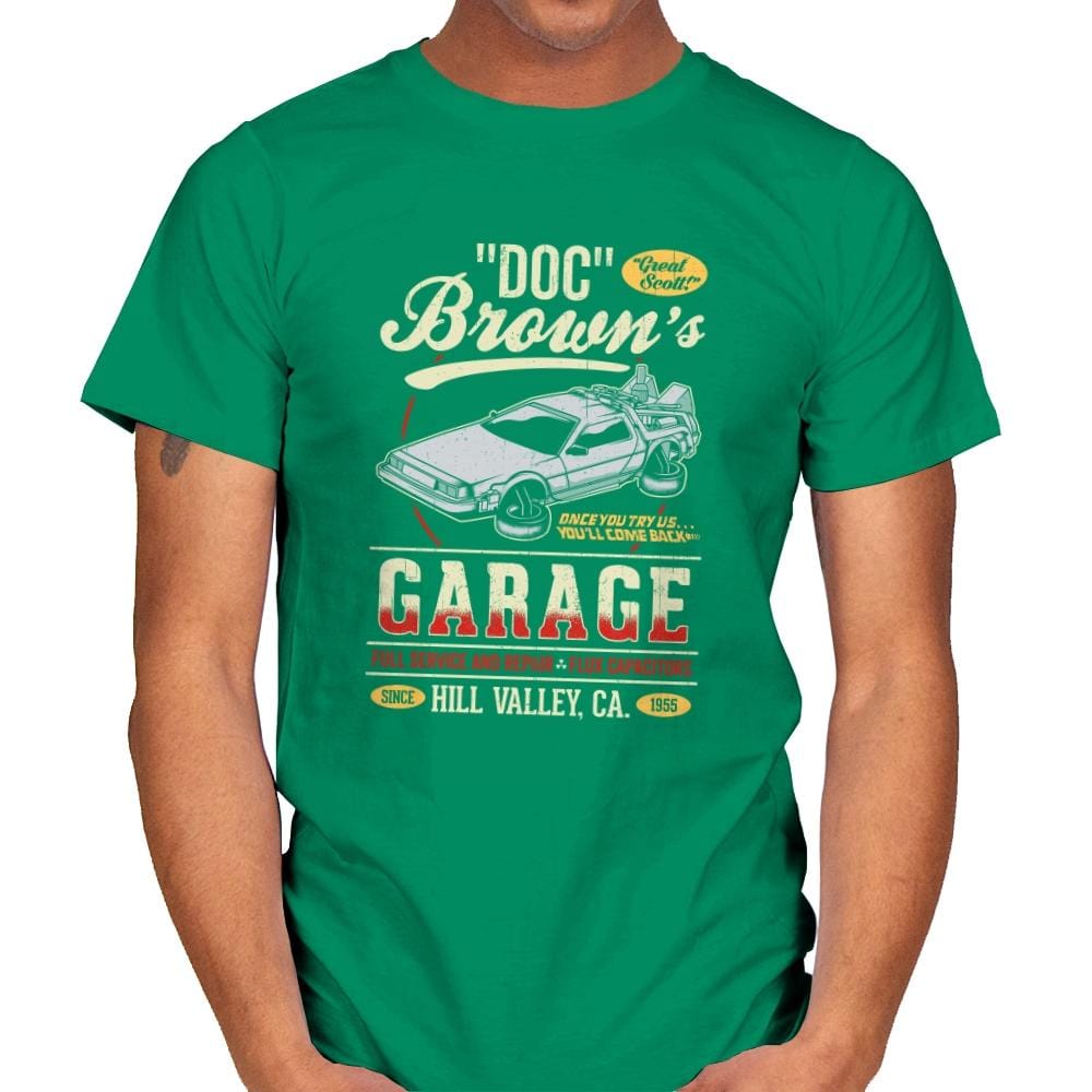 Doc Brown's Garage - Mens T-Shirts RIPT Apparel Small / Kelly Green