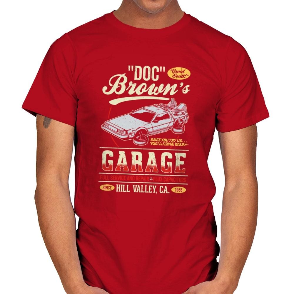 Doc Brown's Garage - Mens T-Shirts RIPT Apparel Small / Red