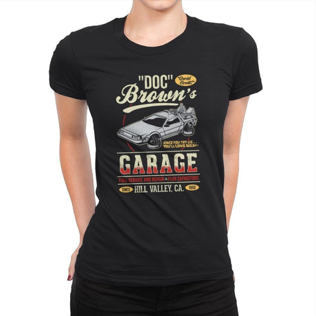 Doc Brown's Garage - Womens Premium T-Shirts RIPT Apparel Small / Black