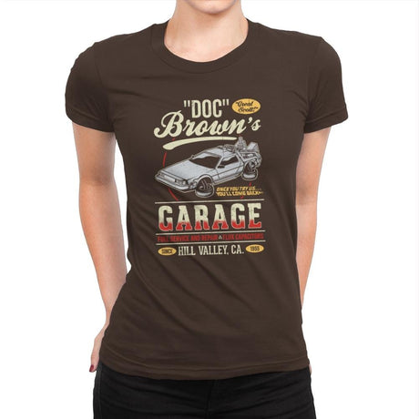 Doc Brown's Garage - Womens Premium T-Shirts RIPT Apparel Small / Dark Chocolate