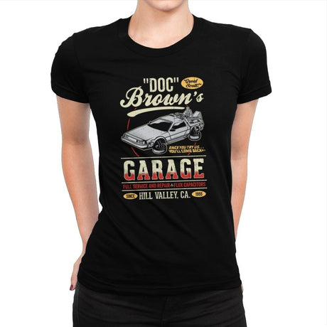 Doc Brown's Garage - Womens Premium T-Shirts RIPT Apparel Small / Indigo