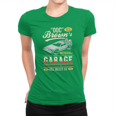 Doc Brown's Garage - Womens Premium T-Shirts RIPT Apparel Small / Kelly Green