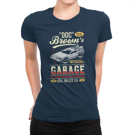 Doc Brown's Garage - Womens Premium T-Shirts RIPT Apparel Small / Midnight Navy