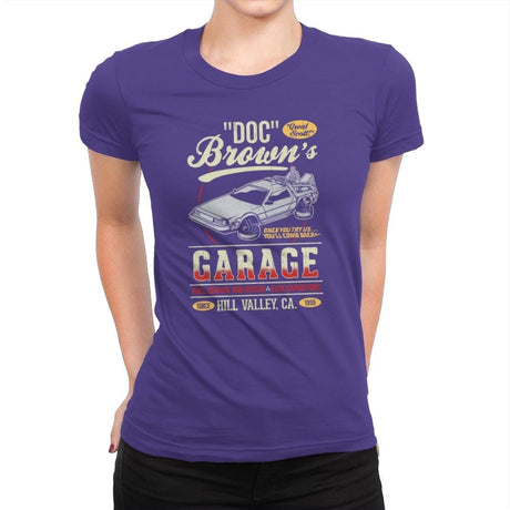 Doc Brown's Garage - Womens Premium T-Shirts RIPT Apparel Small / Purple Rush