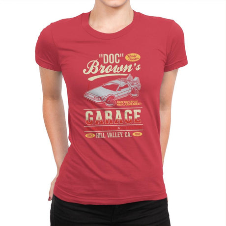 Doc Brown's Garage - Womens Premium T-Shirts RIPT Apparel Small / Red