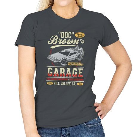 Doc Brown's Garage - Womens T-Shirts RIPT Apparel Small / Charcoal