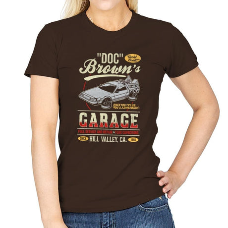 Doc Brown's Garage - Womens T-Shirts RIPT Apparel Small / Dark Chocolate