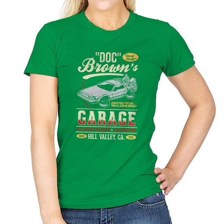 Doc Brown's Garage - Womens T-Shirts RIPT Apparel Small / Irish Green
