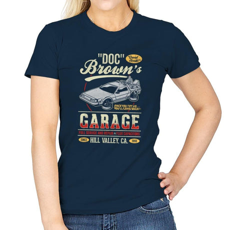 Doc Brown's Garage - Womens T-Shirts RIPT Apparel Small / Navy