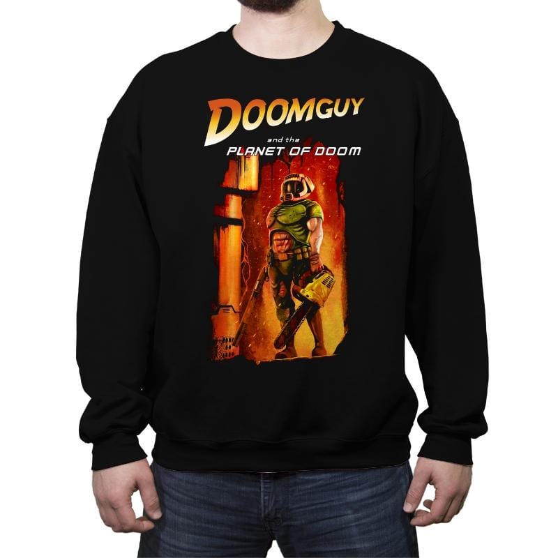 Doomguy and the Planet of Doom - Crew Neck Sweatshirt Crew Neck Sweatshirt RIPT Apparel Small / Black