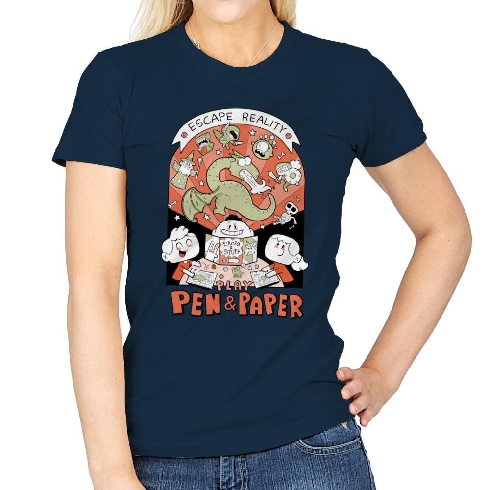 Escape Reality, Play Pen And Paper - Womens T-Shirts RIPT Apparel Small / Navy