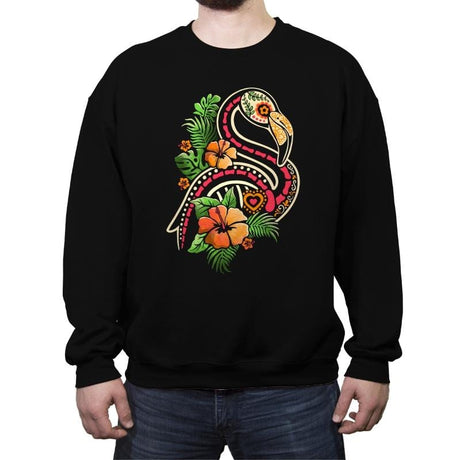 Flamingo Tropical Calavera - Crew Neck Sweatshirt Crew Neck Sweatshirt RIPT Apparel Small / Black