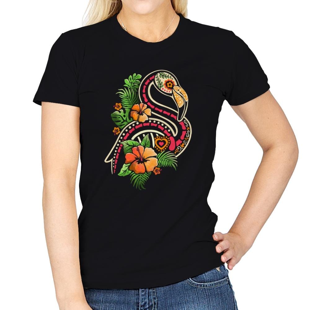Flamingo Tropical Calavera - Womens T-Shirts RIPT Apparel Small / Black