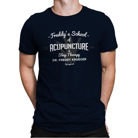 Freddy's School of Acupuncture - Mens Premium T-Shirts RIPT Apparel Small / Midnight Navy