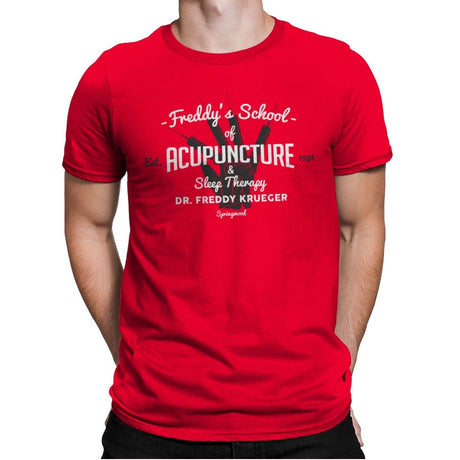 Freddy's School of Acupuncture - Mens Premium T-Shirts RIPT Apparel Small / Red