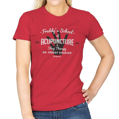 Freddy's School of Acupuncture - Womens T-Shirts RIPT Apparel Small / Red