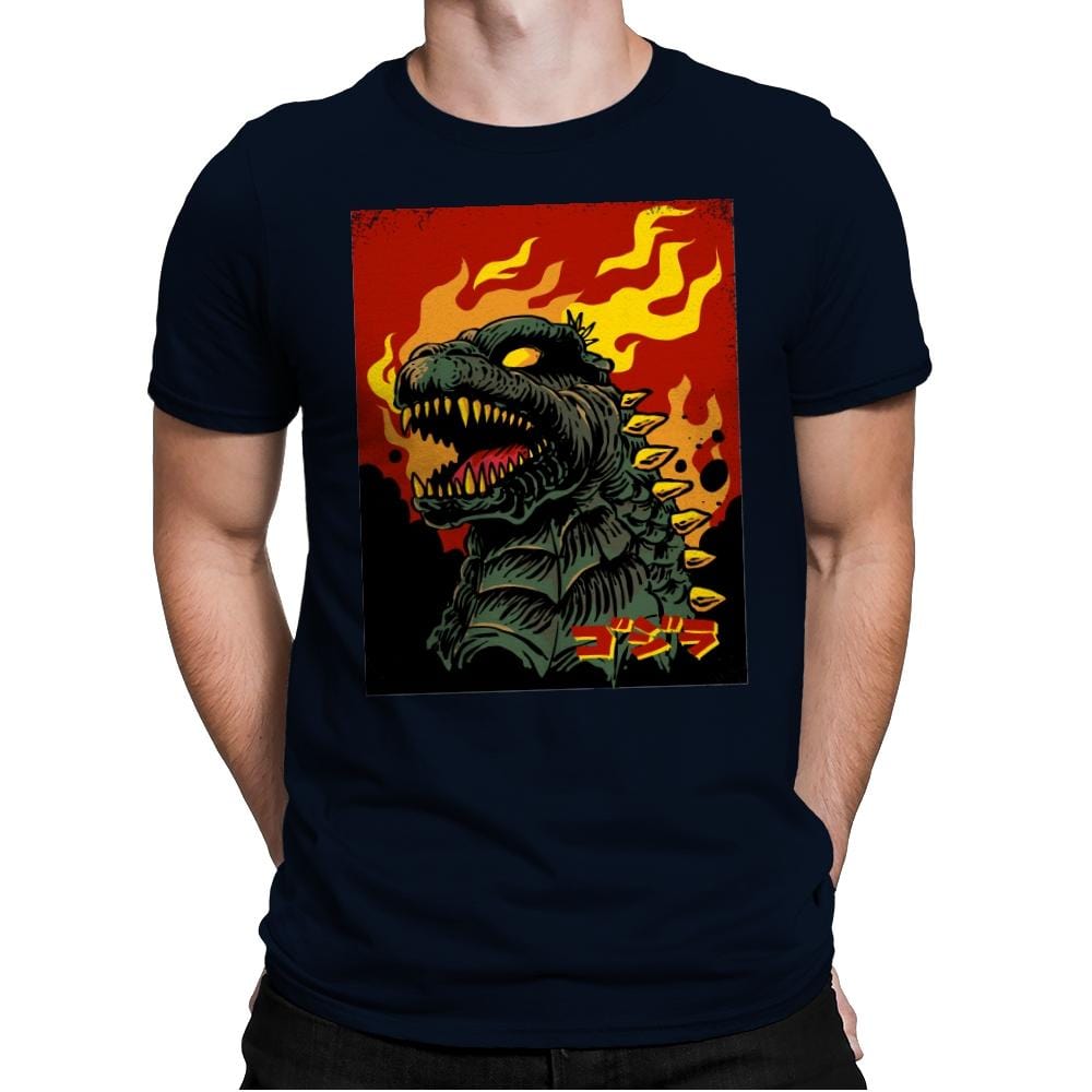 Godzilla on Fire - Mens Premium T-Shirts RIPT Apparel Small / Midnight Navy