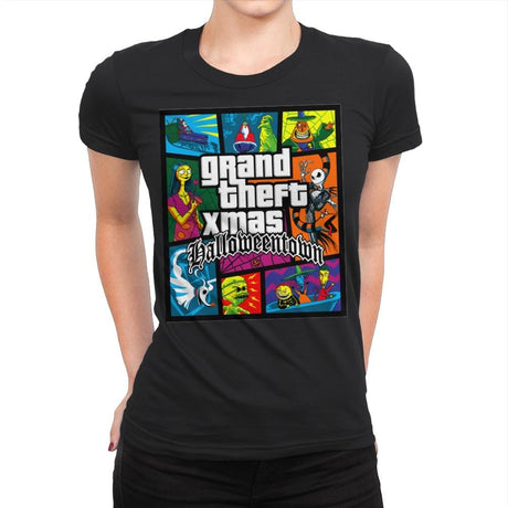 Grand Theft Xmas: Halloweentown - Womens Premium T-Shirts RIPT Apparel Small / 151515