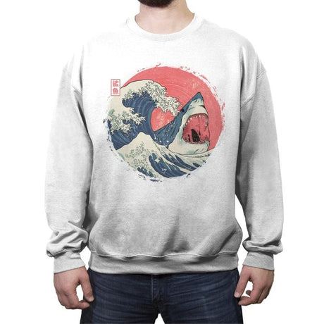 Great White Shark Wave - Crew Neck Sweatshirt Crew Neck Sweatshirt RIPT Apparel Small / White