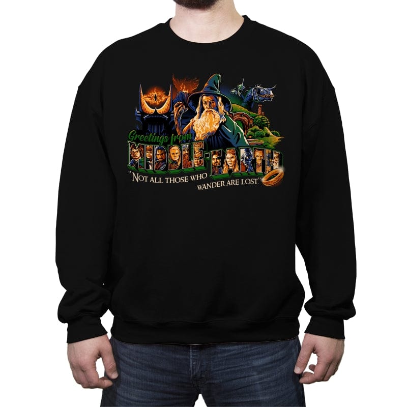 Greetings from Middle Earth - Crew Neck Sweatshirt Crew Neck Sweatshirt RIPT Apparel Small / Black