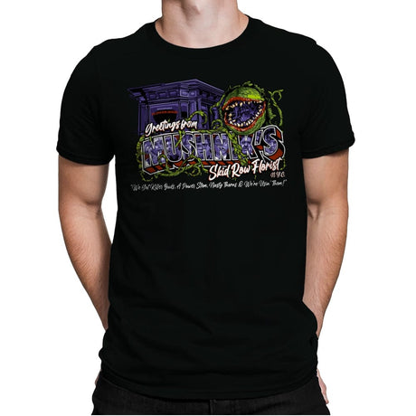 Greetings from Mushnik's - Mens Premium T-Shirts RIPT Apparel Small / Black