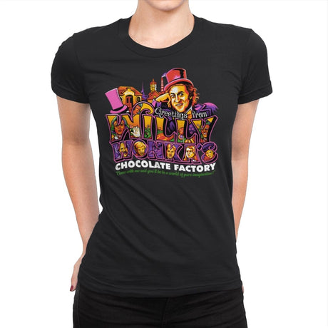 Greetings from the Chocolate Factory - Womens Premium T-Shirts RIPT Apparel Small / Black