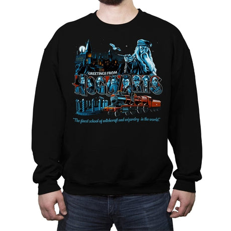 Greetings from The School of Wizardry - Crew Neck Sweatshirt Crew Neck Sweatshirt RIPT Apparel Small / Black