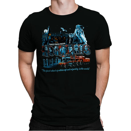Greetings from The School of Wizardry - Mens Premium T-Shirts RIPT Apparel Small / Black