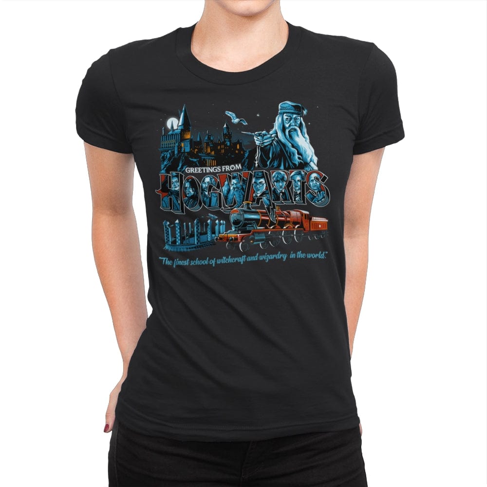 Greetings from The School of Wizardry - Womens Premium T-Shirts RIPT Apparel Small / Black