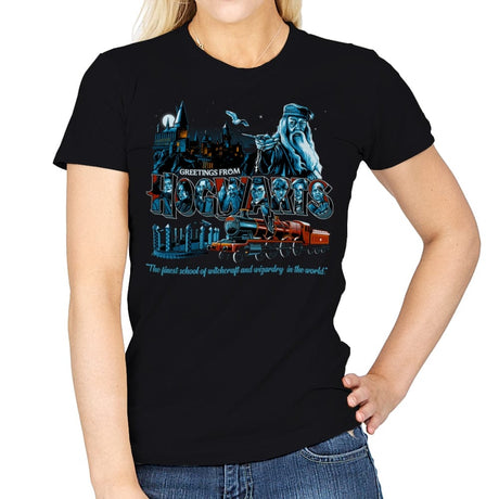 Greetings from The School of Wizardry - Womens T-Shirts RIPT Apparel Small / Black