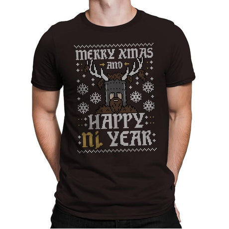Happy Ni Year! - Ugly Holiday - Mens Premium T-Shirts RIPT Apparel Small / Dark Chocolate
