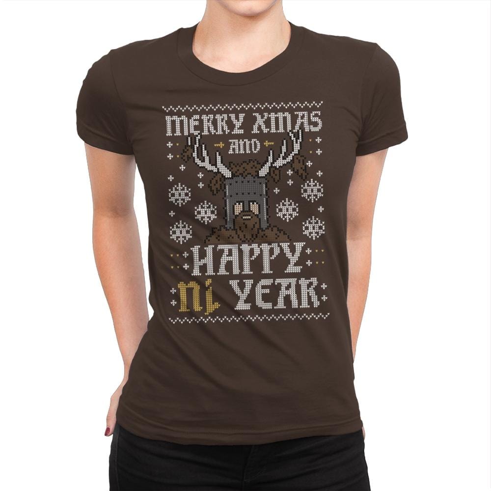 Happy Ni Year! - Ugly Holiday - Womens Premium T-Shirts RIPT Apparel Small / Dark Chocolate