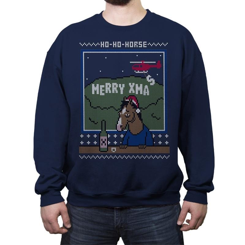 Ho-Ho-Horse! - Ugly Holiday - Crew Neck Sweatshirt Crew Neck Sweatshirt RIPT Apparel Small / Navy