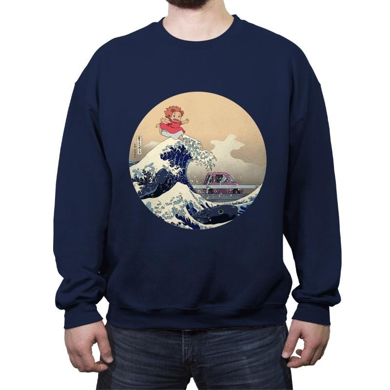 Hokusai on the Cliff by the Sea - Crew Neck Sweatshirt Crew Neck Sweatshirt RIPT Apparel Small / Navy