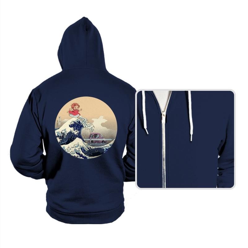 Hokusai on the Cliff by the Sea - Hoodies Hoodies RIPT Apparel Small / Navy
