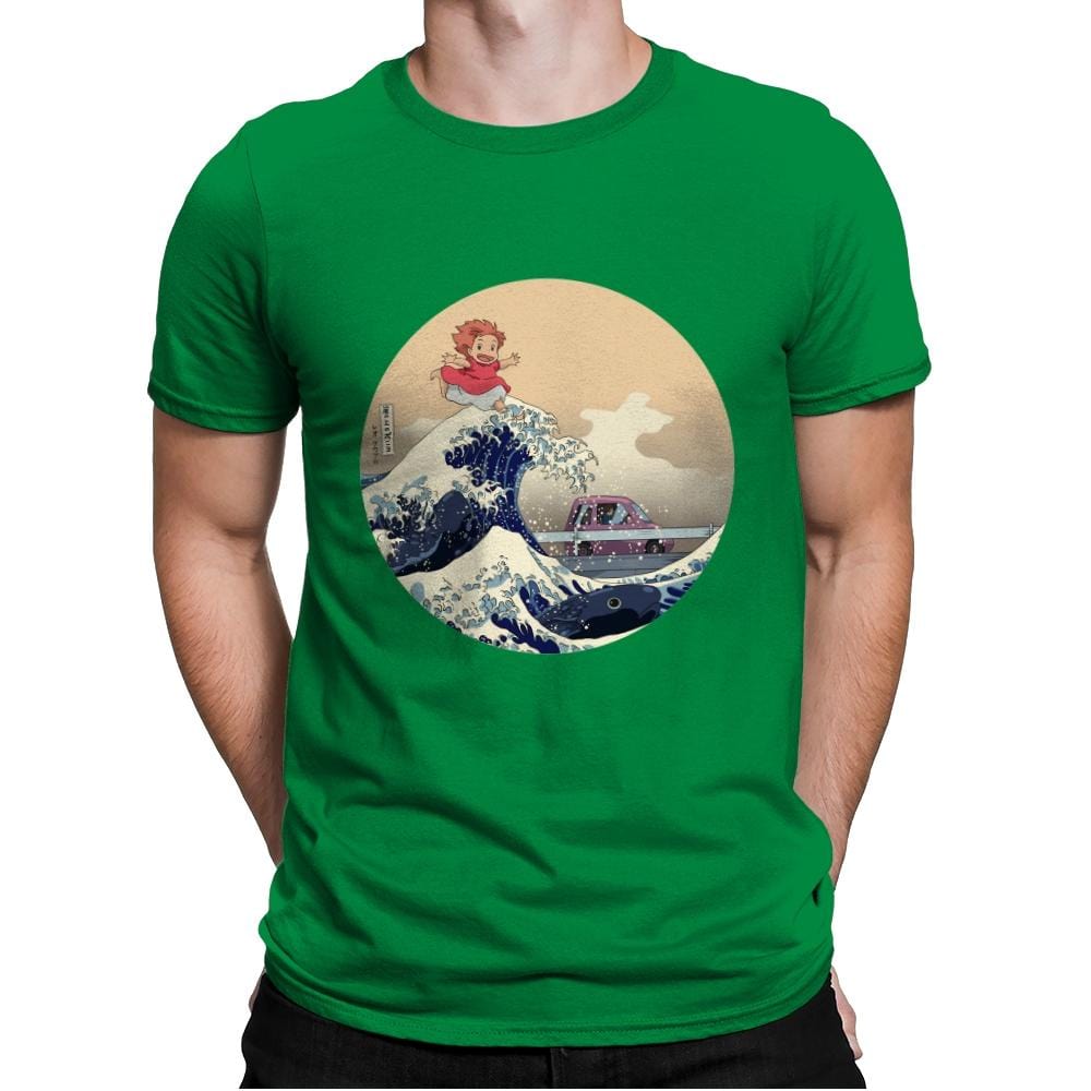 Hokusai on the Cliff by the Sea - Mens Premium T-Shirts RIPT Apparel Small / Kelly Green