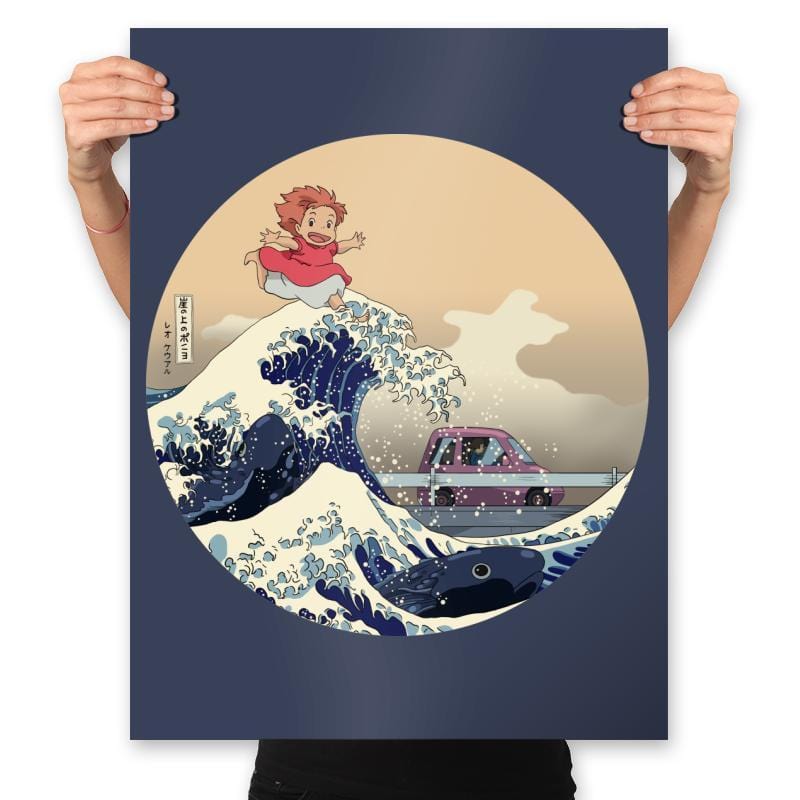 Hokusai on the Cliff by the Sea - Prints Posters RIPT Apparel 18x24 / Navy