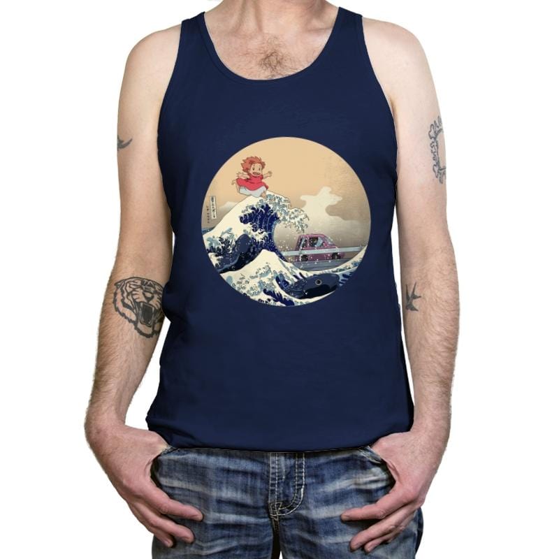Hokusai on the Cliff by the Sea - Tanktop Tanktop RIPT Apparel X-Small / Navy