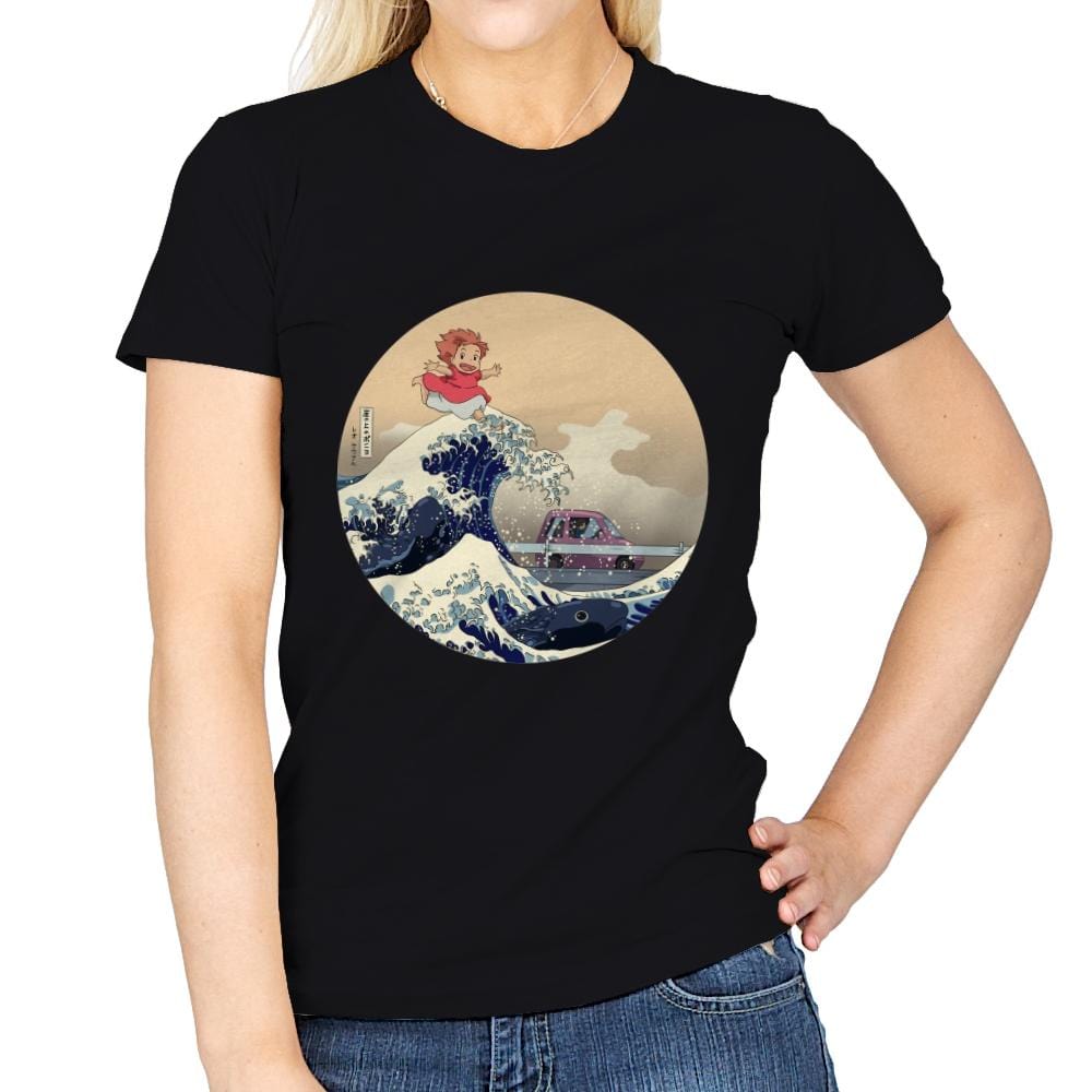 Hokusai on the Cliff by the Sea - Womens T-Shirts RIPT Apparel Small / Black