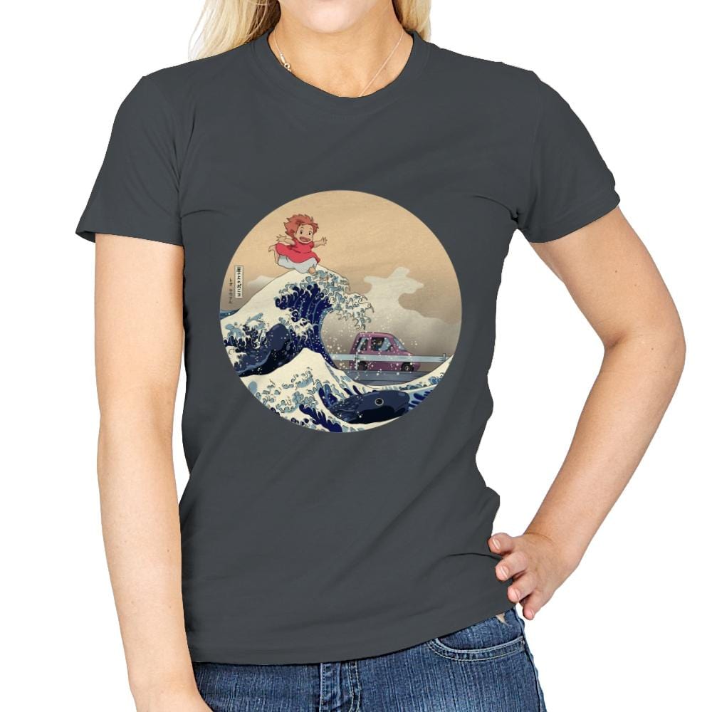 Hokusai on the Cliff by the Sea - Womens T-Shirts RIPT Apparel Small / Charcoal