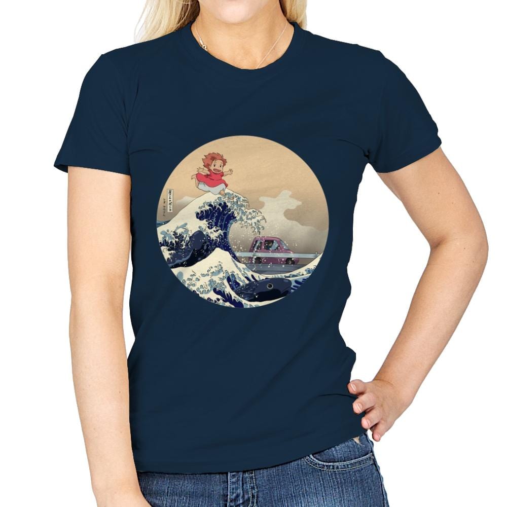 Hokusai on the Cliff by the Sea - Womens T-Shirts RIPT Apparel Small / Navy