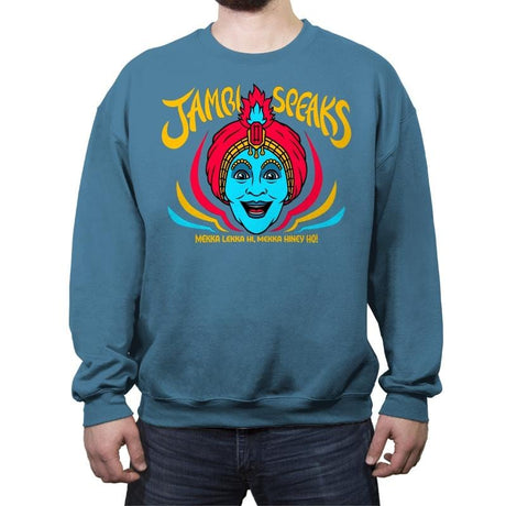 Jambi Speaks - Crew Neck Sweatshirt Crew Neck Sweatshirt RIPT Apparel Small / Indigo Blue
