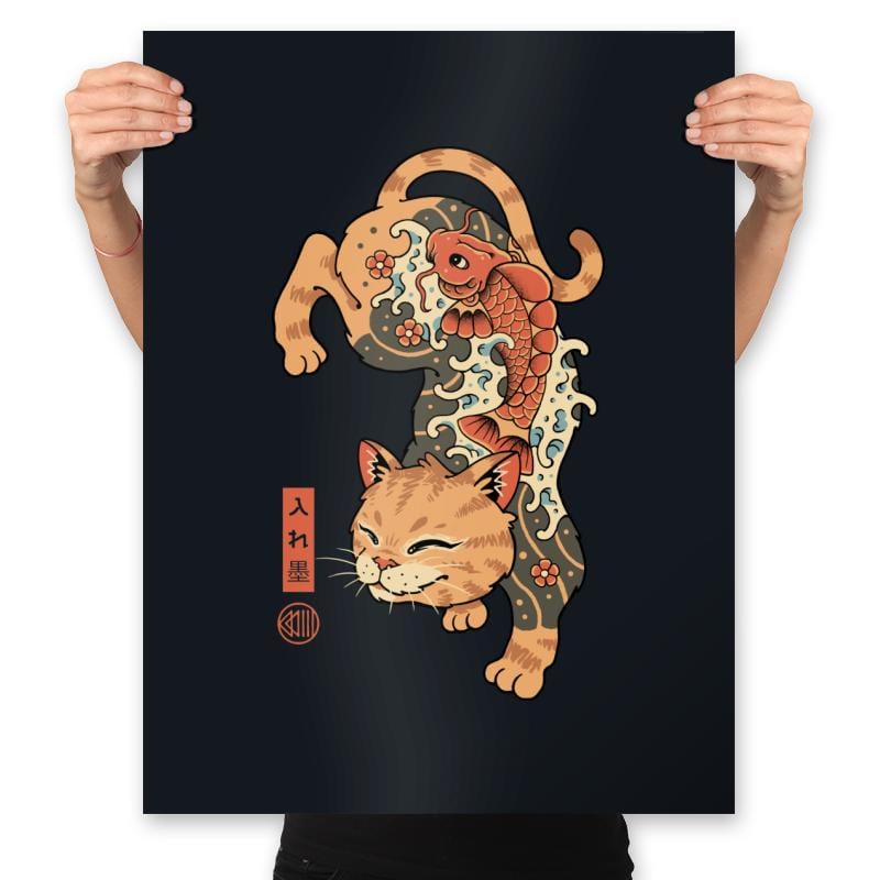Koi Fish Cat Irezumi - Prints Posters RIPT Apparel 18x24 / Black