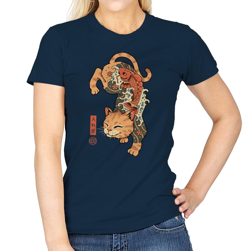 Koi Fish Cat Irezumi - Womens T-Shirts RIPT Apparel Small / Navy