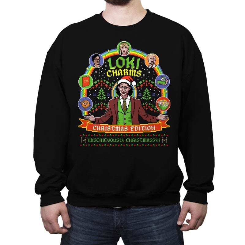 Loki Charms Christmas Edition - Crew Neck Sweatshirt Crew Neck Sweatshirt RIPT Apparel Small / Black