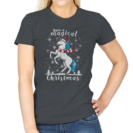Magic Unicorn Christmas - Ugly Holiday - Womens T-Shirts RIPT Apparel Small / Charcoal