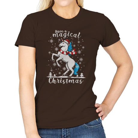 Magic Unicorn Christmas - Ugly Holiday - Womens T-Shirts RIPT Apparel Small / Dark Chocolate