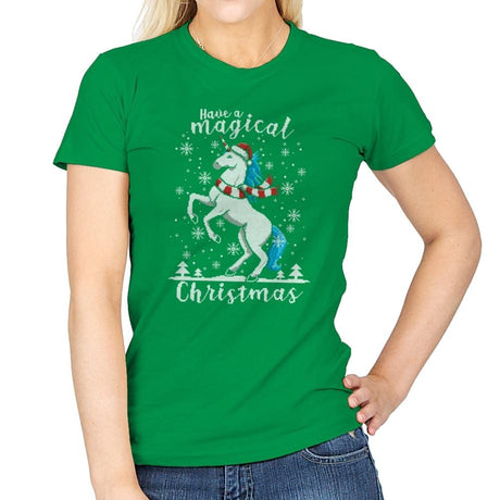 Magic Unicorn Christmas - Ugly Holiday - Womens T-Shirts RIPT Apparel Small / Irish Green